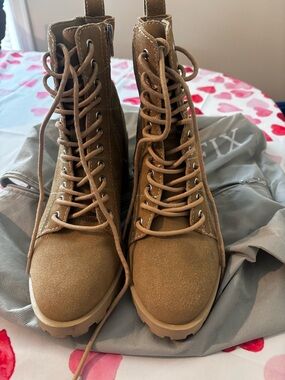 DV by Dolce Vita Tan Suede Lace-Up Combat Boots